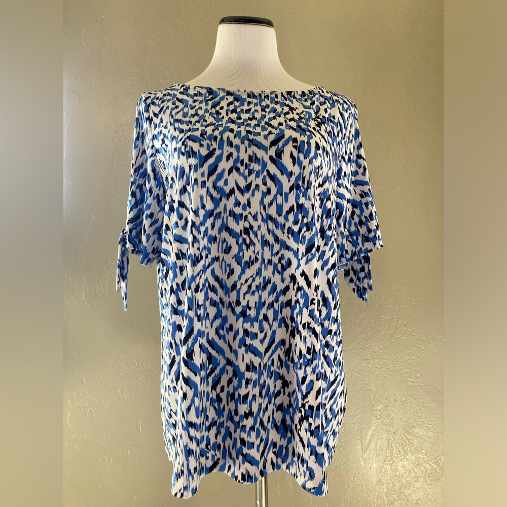 Blue Black and White Cold Shoulder Blouse Size Large by Susan Graver